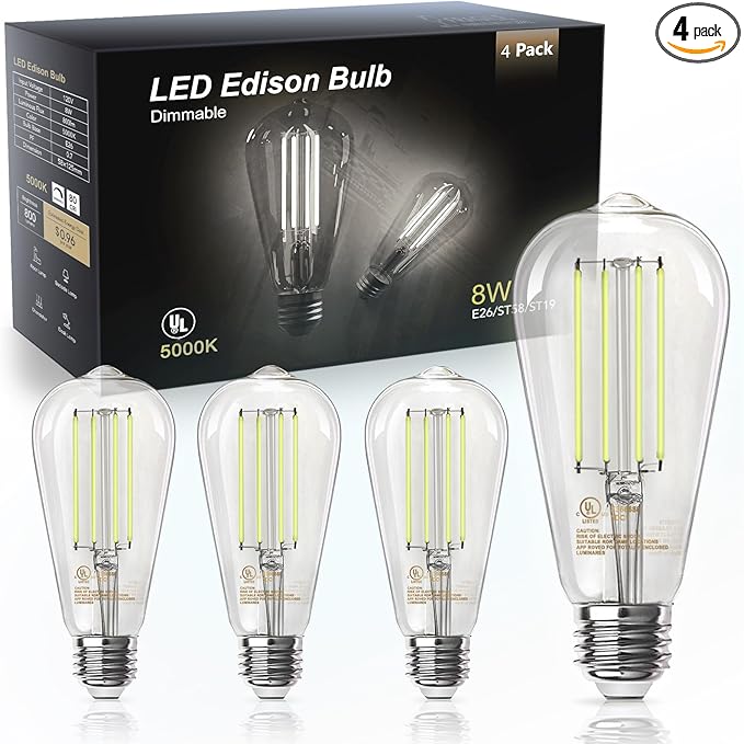 TJOY Edison Light Bulbs 60W Equivalent, Dimmable Vintage LED Light Bulbs, E26 Medium Base, 5000K Daylight, ST58, 8W, 800LM, Ultra-Bright, 80+CRI, Antique Decorative LED Filament, Clear Glass, 4 Pack