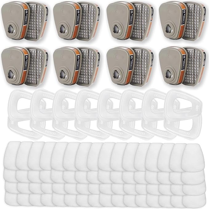 6001 Filter Cartridges Replacement for Gas Respirator,Dust-Proof, Organic Vapor, 16pcs Filter Cartridges + 16pcs Filter Covers + 64pcs Filter Cottons, Apply to 6100/6200/7501/7502/6502/6800