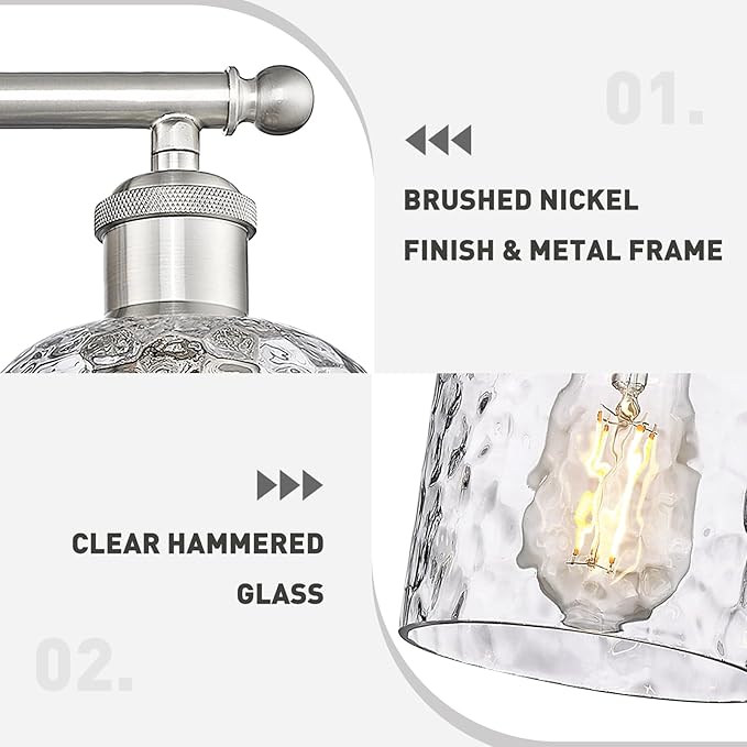 zeyu 20.8'' Modern Bathroom Vanity Lamp, 3-Light Wall Mirror Light for Bathroom, Brushed Nickel Finish with Clear Hammered Glass, ZJF63B-3W BN