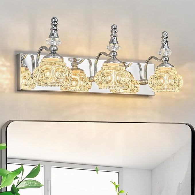 3-Light Vintage Bathroom Vanity Light Fixture Industrial Chrome with Glass Shade Vanity Light Fixtures Over Mirror Glass Bathroom Vanity Lighting Fixtures G9 Bulb Wall Lights