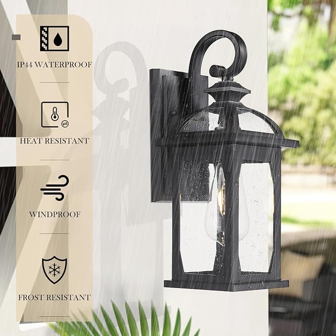 zeyu Outdoor Porch Light Wall Light Fixture, 15 Inch Exterior Wall Lighting for House, Die-Cast Aluminum with Seeded Glass, Black Finish, ZD100B BK