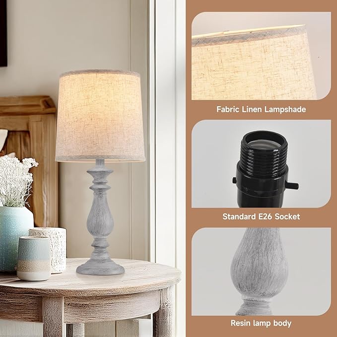 Lamps Set of 2 Vintage Rustic Farmhouse Table Lamps Bedside Reading Lamp Bedroom Nightstand Living Room Teapoy Lamp, Desk Light, 22 Inch High,Light Grey, with Fabric Shade, Bulb Not Included