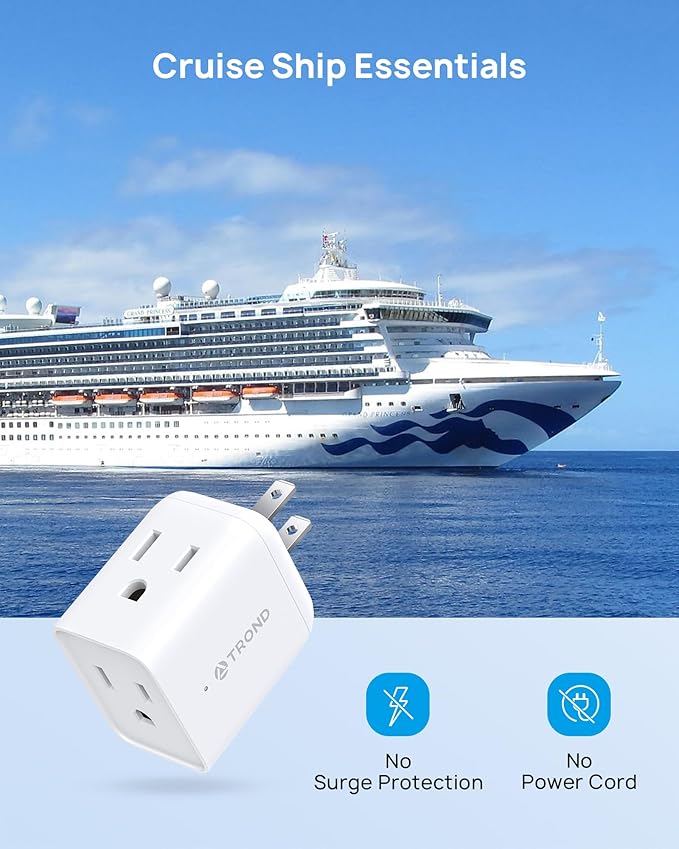 TROND 2 Prong to 3 Prong Outlet Adapter, Multi Plug Wall Outlet Extender, 3 Way Plug Splitter, Horizontal Wall Expander for Non-grounded Socket for Old Home Office Hotel Cruise Travel, 2 Pack, White