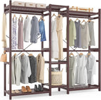 Homykic Bamboo Closet System Clothes Rack, Large Freestanding Garment Rack Clothing Rack for Hanging Clothes with 7 Storage Shelves and 5 Rods, Open Wardrobe Organizer with 4 Hooks, Espresso