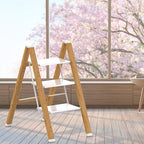 3 Step Ladder, Portable Step Ladder Folding, Lightweight Step Ladder with Anti-Slip Pedal, Aluminum Indoor and Closet, Kitchen, 330lbs - White & Wood Grain