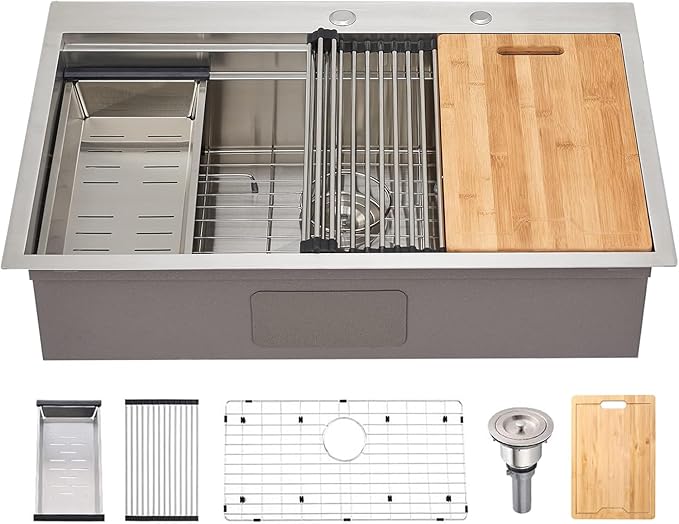 SHACO 33x22 Inch Drop In Kitchen Sink, 33 Inch All In One SUS304 Stainless Steel Top Mount Single Bowl Overmount Double Ledges Workstation Sink with Accessories, Brushed Nickel