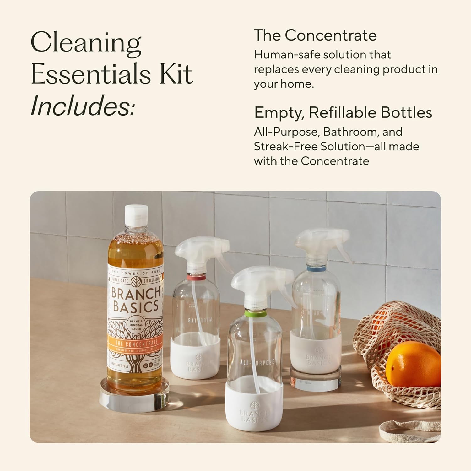 Branch Basics Cleaning Essentials Kit: All Purpose, Glass and Bathroom Cleaner - Concentrate (33.8 Oz) (24 Refills) + Refillable Glass Spray Bottles (16 Oz) Plant Based, Human-Safe, & Fragrance Free