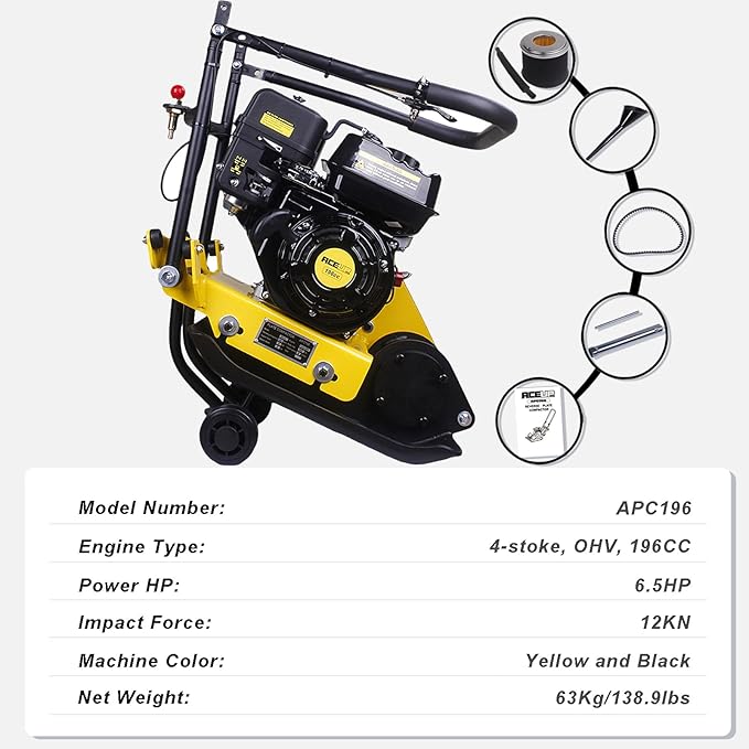Aceup Energy Plate Compactor 6.5HP 196cc Gas, 21x14.6inch Plate 2700lbs Gas Compaction Force 5500VPM, Ground Compactor Tamper Pavement Compaction Rammer with Wheel