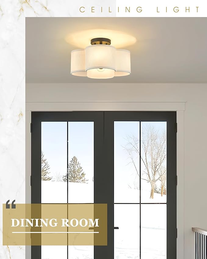 Black Semi Flush Mount Ceiling Light, Close to Ceiling Light Fixtures with Fabric Shade in Quatrefoil Shape, Farmhouse 13-inch Ceiling Light for Kitchen Hallway Bedroom, AD-22007-4SF-BK