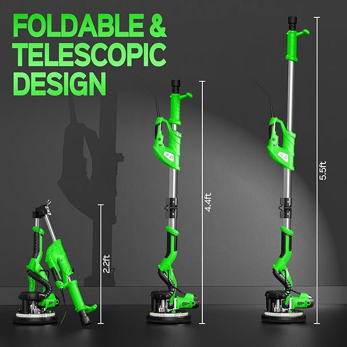 Drywall Sander, 2025 Upgraded 8-Amp Popcorn Ceiling Removal Tool with 7 Variable Speed 800-1800RPM, Drywall Sander with Vacuum Dust Collector with Extendable Handle, LED Light, 12pcs Sanding Discs