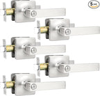 GOBEKOR 5 Pack Interior Brushed Nickel Bedroom Door Handles with Lock Privacy Door Levers Bathroom Lever, Square Rosette