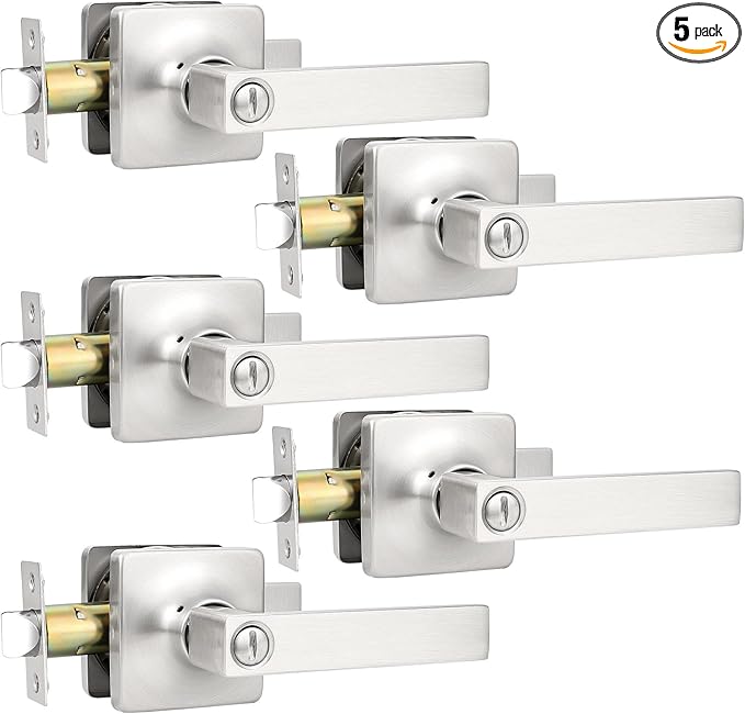 GOBEKOR 5 Pack Interior Brushed Nickel Bedroom Door Handles with Lock Privacy Door Levers Bathroom Lever, Square Rosette