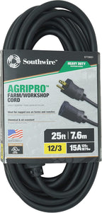 Southwire AGRIPRO 12/3 Heavy Duty Extension Cord, 25ft, Farm/Workshop Cord, SJTOW, Black, 67729001
