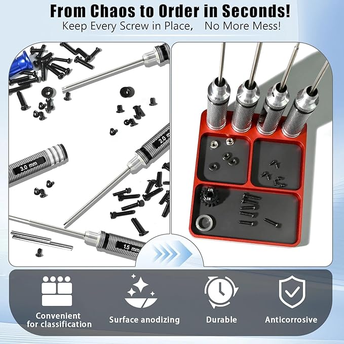 Magnet Tool Tray Aluminum Alloy Screw Tray with Tool Holder RC Parts Fixing for 1/10 RC Cars, Drones, Phone, Computer, Eyeglass, Electronic Multi-Compartment Anti-Loss Organizer Storage Box (Red