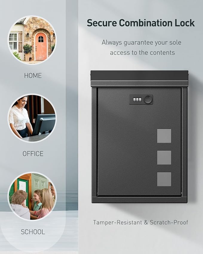 Uniclife Large Mailbox, Wall Mount Mailboxes for Outside, Mail Boxes with Combination Lock, Security Locking Key Drop Box for House School Office and Outdoor, Black