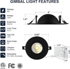 4 Pack Black 4-inch 5 CCT Gimbal LED Recessed/Downlight Color Selectable 2700K/3000K/3500K/4000K/5000K 800Lm 9W 120V Dimness Adjustable LED Lights