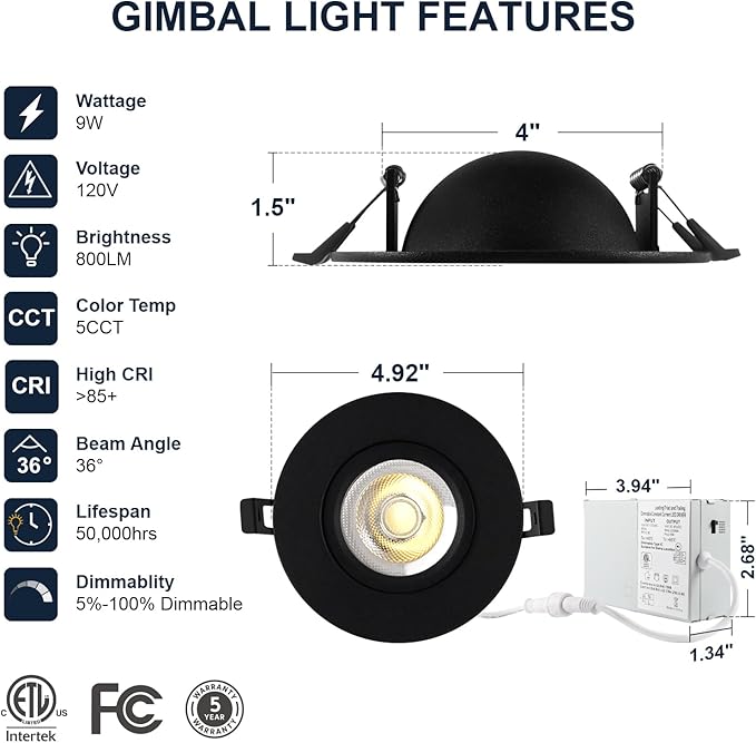 4 Pack Black 4-inch 5 CCT Gimbal LED Recessed/Downlight Color Selectable 2700K/3000K/3500K/4000K/5000K 800Lm 9W 120V Dimness Adjustable LED Lights