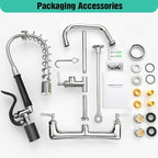 Commercial Sink Faucet with Sprayer Wall Mount, 21" Height 8 inch Center with Solid Brass & Polished Chrome, Add-on 8" Swing Spout for 1 or 2 Compartment Kitchen Sink