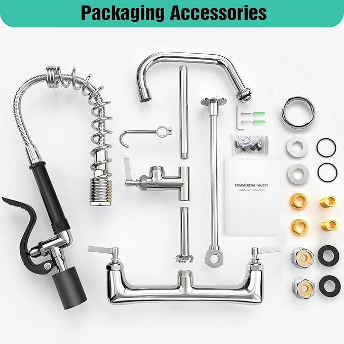 Commercial Sink Faucet with Sprayer Wall Mount, 21" Height 8 inch Center with Solid Brass & Polished Chrome, Add-on 8" Swing Spout for 1 or 2 Compartment Kitchen Sink