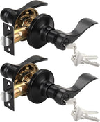 Knobonly 2 Pack Keyed Bathroom/Bedroom Door Lock, Matte Black Front Door Handle, Exterior Door Handle, Different Key for Each Pack, Zinc Alloy