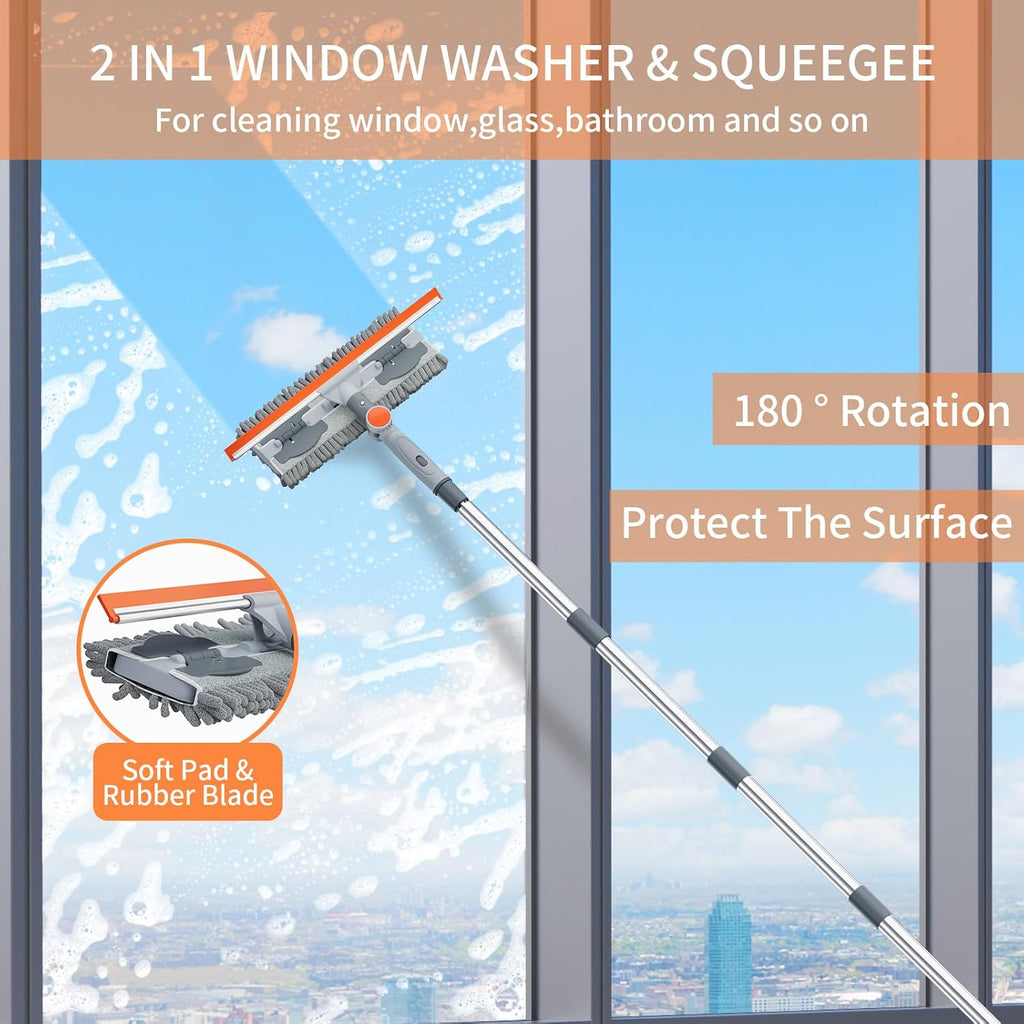 6.4FT Extendable 2-in-1 Window Squeegee & Scrubber with Long Handle, 180° Adjustable Head, Streak-Free Silicone Blade, Multi-Purpose Glass Cleaning Tool for High Windows, Mirrors & Car Windshields