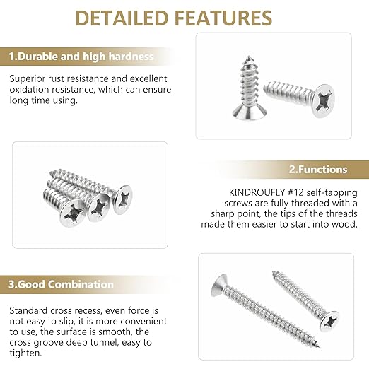 56 Pieces #12 x 3/4" 1" 1-1/4" 1-1/2" 2" Phillips Countersunk Head Self-Tapping Screws, Wood Screws Assortment Kit, 304 Stainless Steel