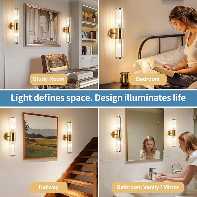 Glass Rods Wall Light Fixture Indoor Brass Bathroom Vanity Lights Beside Mirror Lighting Lamps Up and Down Wall Mounted Light E12 Socket