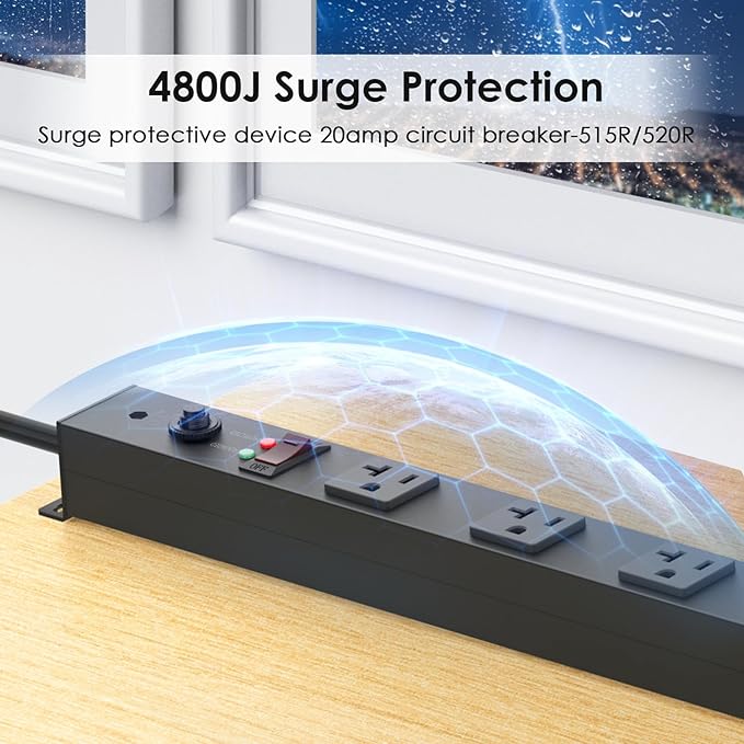 JUNNUJ Long Metal 16 Outlet Power Strip,Wide Spaced Garage Industrial Heavy Duty Power Strip,Surge Protection 4800J,Wall Mount Screws Outlet with Switch 5-15P High Amp 6-20R T-Slot (Black, 6FT)