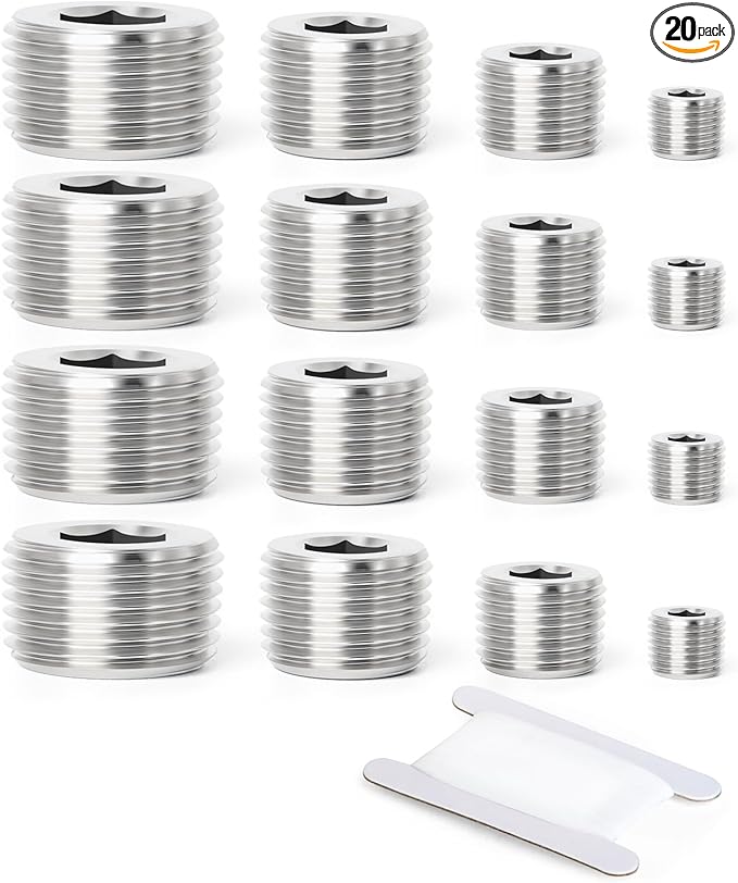 GASHER 20Pcs Stainless Steel Internal Hex Thread Socket Pipe Plug Fitting 1/8" 1/4" 3/8" 1/2" NPT Male