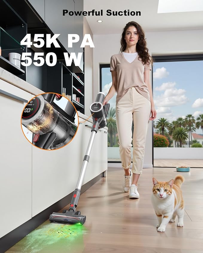 Cordless Vacuum Cleaner, 6-in-1 Lightweight Stick Vacuum with 45mins Runtime, LED Display & Light, Self-Standing, Rechargeable Cordless Vacuum for Carpet, Tile, Pet Hair, Hardwood Floors (Gray)