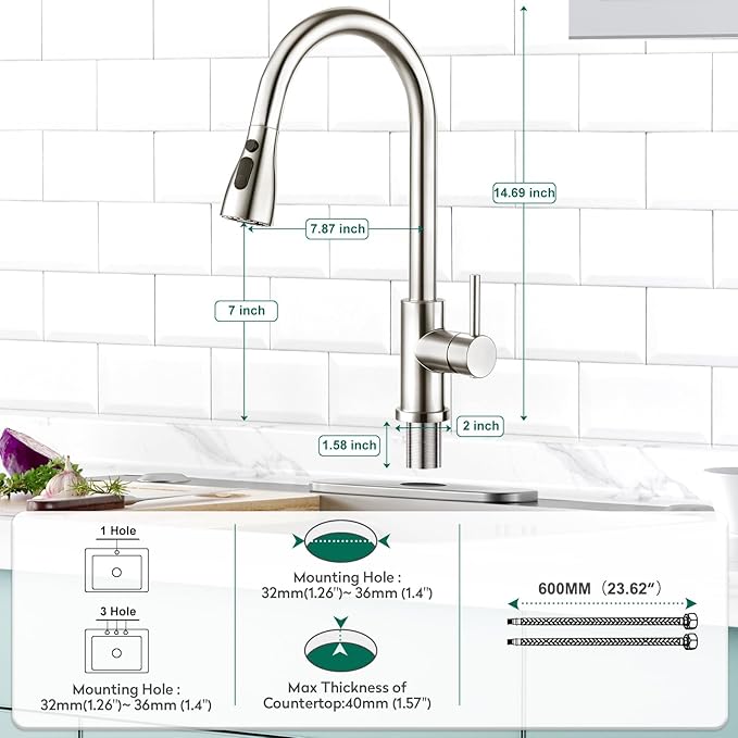 CREA Kitchen Sink Faucet,Pull Down Kitchen Faucets with Sprayer 3 Modes,Brushed Nickel Uitility Laundry Faucet Single Hole Bar Sink Faucet 360°Swivel High Arc Commercial RV Faucet Stainless Steel