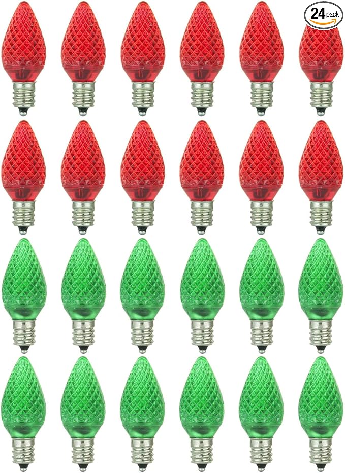 Sunlite 41289 LED C7 Holiday Decorative Light Bulb, 0.4 Watts, E12 Candelabra Base, Faceted Christmas-Lights; Nightlight, Green and Red Combo 24 Count