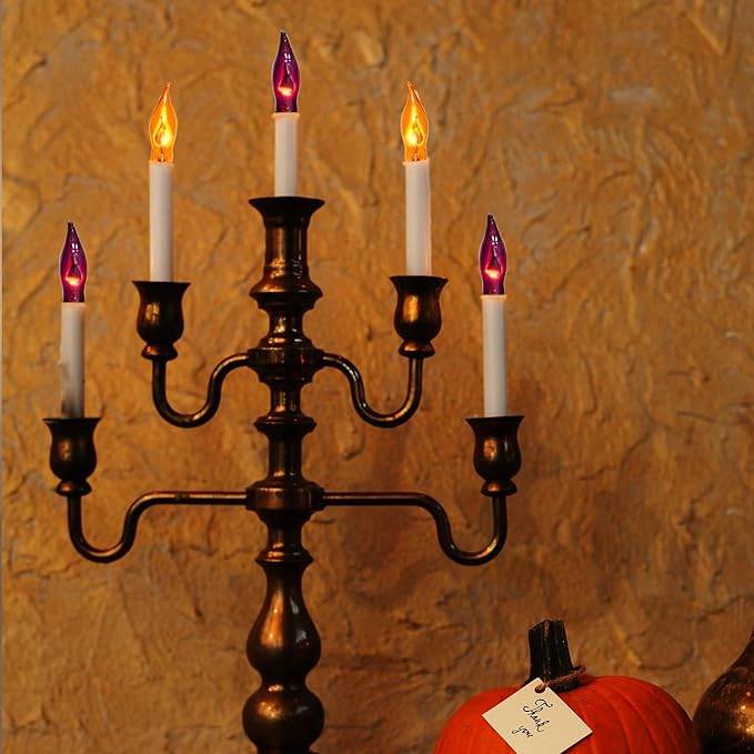 12 Pack Halloween Lights, C7 Clear Orange and Purple Flickering Flame Replacement Bulbs for String Lights Outdoor, E12 Base, Flame Bulbs for Halloween Indoor Outdoor Garden Patio Party Decorations