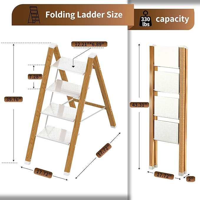 Lightweight Folding Step Ladder Household, Aluminum 4 Step Ladder Foldable for Home, Sturdy Step Stool for Adults 330 Lbs - White & Wood Grain
