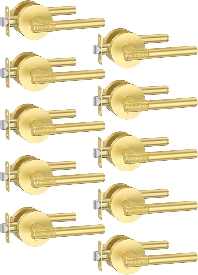 Asidrama 10 Pack Privacy Gold Door Knob with Lock, Brushed Gold Door Handles Interior for Bedroom or Bathroom, Heavy Duty Door Lever with Reversible Interior Door Handle for Left Right Sided Doors