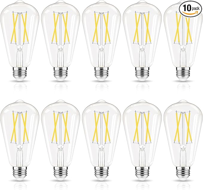 LED Edison Bulbs Dimmable, E26 Bulb 60 watt Equivalent, Cool White 4000K, ST58 Vintage Light Bulbs, 90+ CRI, 6W 600LM, E26 Medium Base, Clear Glass, 10 Pack