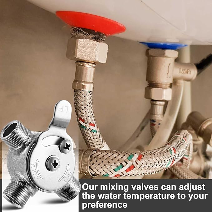 4 Pcs 3/8" Manual Mixing Valve Hot Cold Water Temperature Mixer Thermostatic Mixing Valve for Home and Bathroom Below Deck to Adjust Water Temperature, 8 Braided Faucet Connector Included