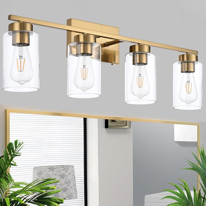 4 Light Bathroom Vanity Light Fixtures, Brushed Brass Modern Wall Lights with Clear Glass Shade, Vintage Wall Sconce Lighting for Living Room, Mirror, Bedroom, Hallway (Gold, 4-Lights)