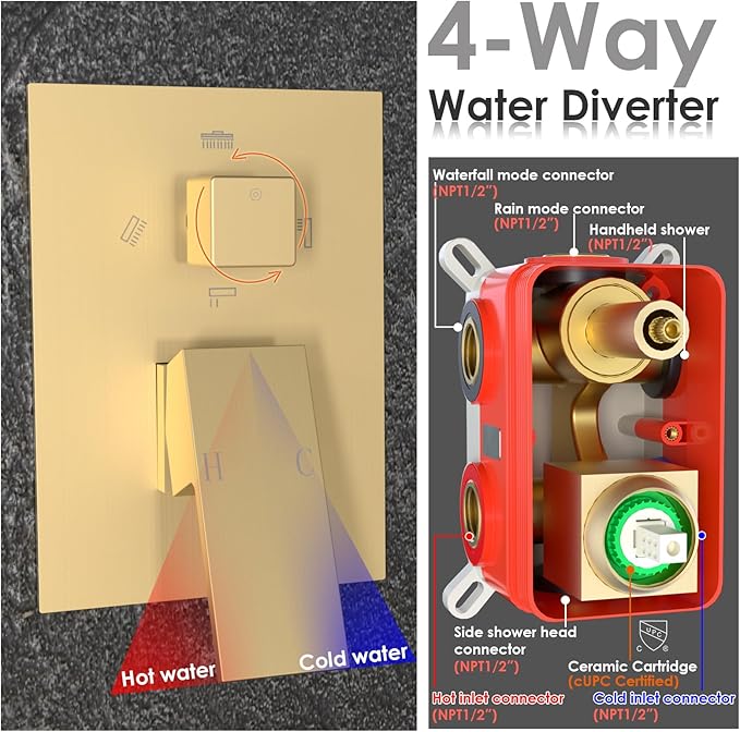 Enga 10 Inch + Dual 6-Inch Rain Shower System, Four Modes Diverter Shower Faucet with Handheld, Luxury Rain Mixer Shower Combo Set, Brushed Gold