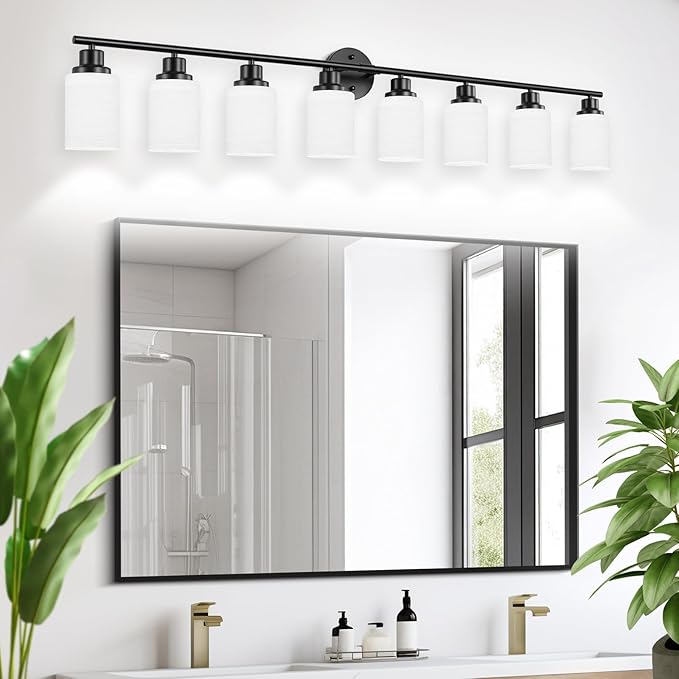 8-Light Vanity Lights, Black Bathroom Light Fixture with Striped Textured Milky White Glass Shade, Modern Vanity Lighting Fixture for Bathroom Wall Light Over Mirror, E26 Wall Sconce