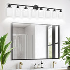 8-Light Vanity Lights, Black Bathroom Light Fixture with Striped Textured Milky White Glass Shade, Modern Vanity Lighting Fixture for Bathroom Wall Light Over Mirror, E26 Wall Sconce