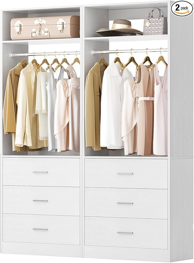 Closet System Set of 2, 4FT Closet Systems with 6 Wood Drawers, 48" Closet Organizer System with 2 Hanging Rods & 2 Shelves, Heavy Duty 48 Inch Walk-in Closet , White (48"L x 15" W x 80" H)