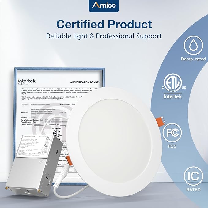 Amico 12 Pack 7 Inch 5CCT Ultra-Thin LED Recessed Can/Ceiling Light with Junction Box, 1300LM High Brightness, Dimmable Wafer Downlight, 15W, ETL&FCC