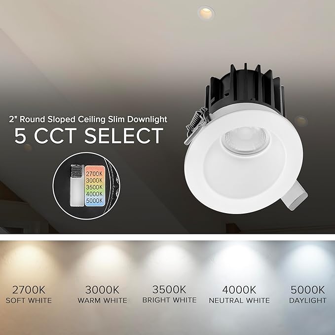 Maxxima 2" Canless Sloped Recessed Anti-Glare LED Downlight, For Sloped Ceilings, 600 Lumens, IC Rated, 5 Color Temperature Selectable 2700K/3000K/3500K/4000K/5000K, Dimmable, Round White Trim 90 CRI
