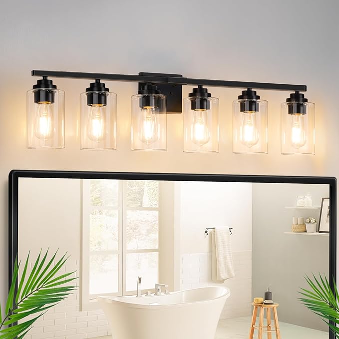 6-Light Bathroom Light Fixtures, 38" Modern Vanity Lights Over Mirror with Clear Glass Shades, Matte Black Light Fixture, Classic Wall Light Fixture for Mirror Living Room Cabinet Bedroom Porch