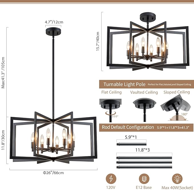 Black Chandelier 8-Light, 26" Modern Industrial Dining Room Light Fixture, Large Geometric Pendant Lighting for Living Room Kitchen Foyer Office, Large Hanging Chandelier