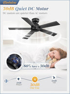 42 Inch Flush Mount Ceiling Fans without Lights, Small Black Ceiling Fan with Remote, 6-Speeds, Quiet Reversible DC Motor, Indoor/Outdoor Ceiling Fan for Patio, Living Room, Bedroom