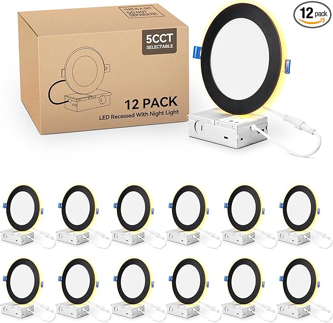 12 Pack Black 6 Inch LED Recessed Ceiling Light with Night Light, 2700K/3000K/3500K/4000K/5000K Selectable, 12W, Dimmable Canless Wafer Downlight, ETL