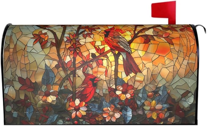 Giwawa Stained Glass Cardinal Birds Mailbox Covers Magnetic for Fall Mailbox Cover Large Autumn Mail Box Covers Oversized 25.5 x 21 Thanksgiving Decorations Outdoor Welcome Mailbox Wrap