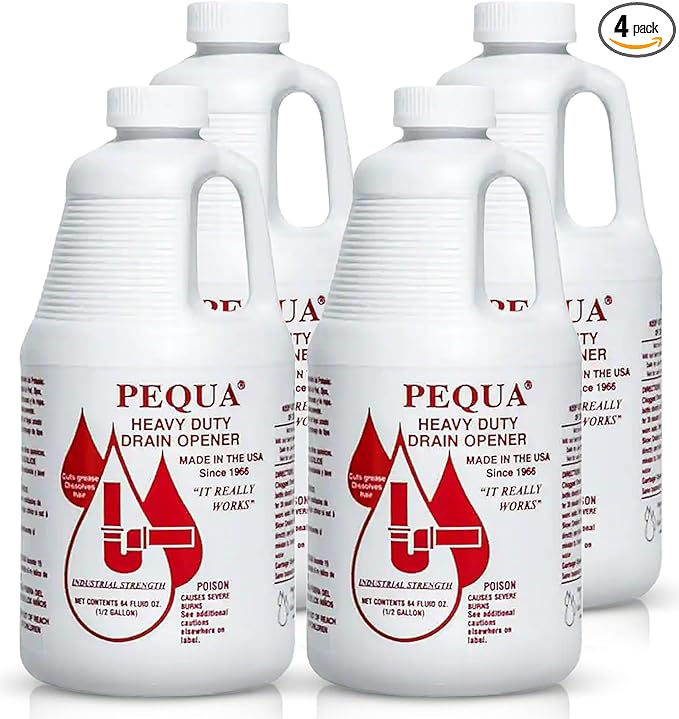 PEQUA INDUSTRIES 64 oz Pequa Heavy Duty Drain Opener - Powerful, Non-Acid, Fast-Acting Formula, Safe for All Pipes, Industrial strength Drain Cleaner for Sinks, Tubs, Septic Tanks (Pack of 4)